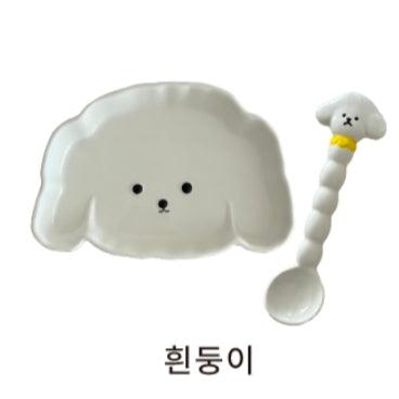 【+钥匙扣、氛围灯礼品】Bow Wow餐盘套装(盘子+勺子)可爱围棋白餐具早午餐碗生日