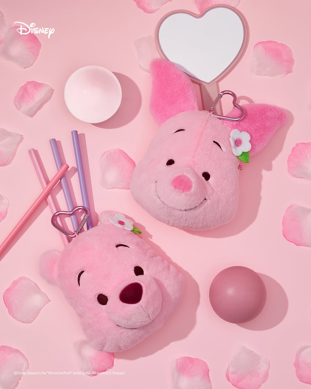Pink Teddy Pooh & Piglet Keyring/Pouch