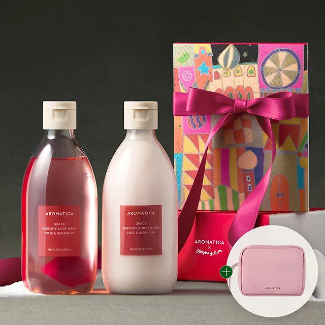 Aromatica Rose Perfume Body Wash & Body Lotion Set + Pouch (Holiday Wrapping)