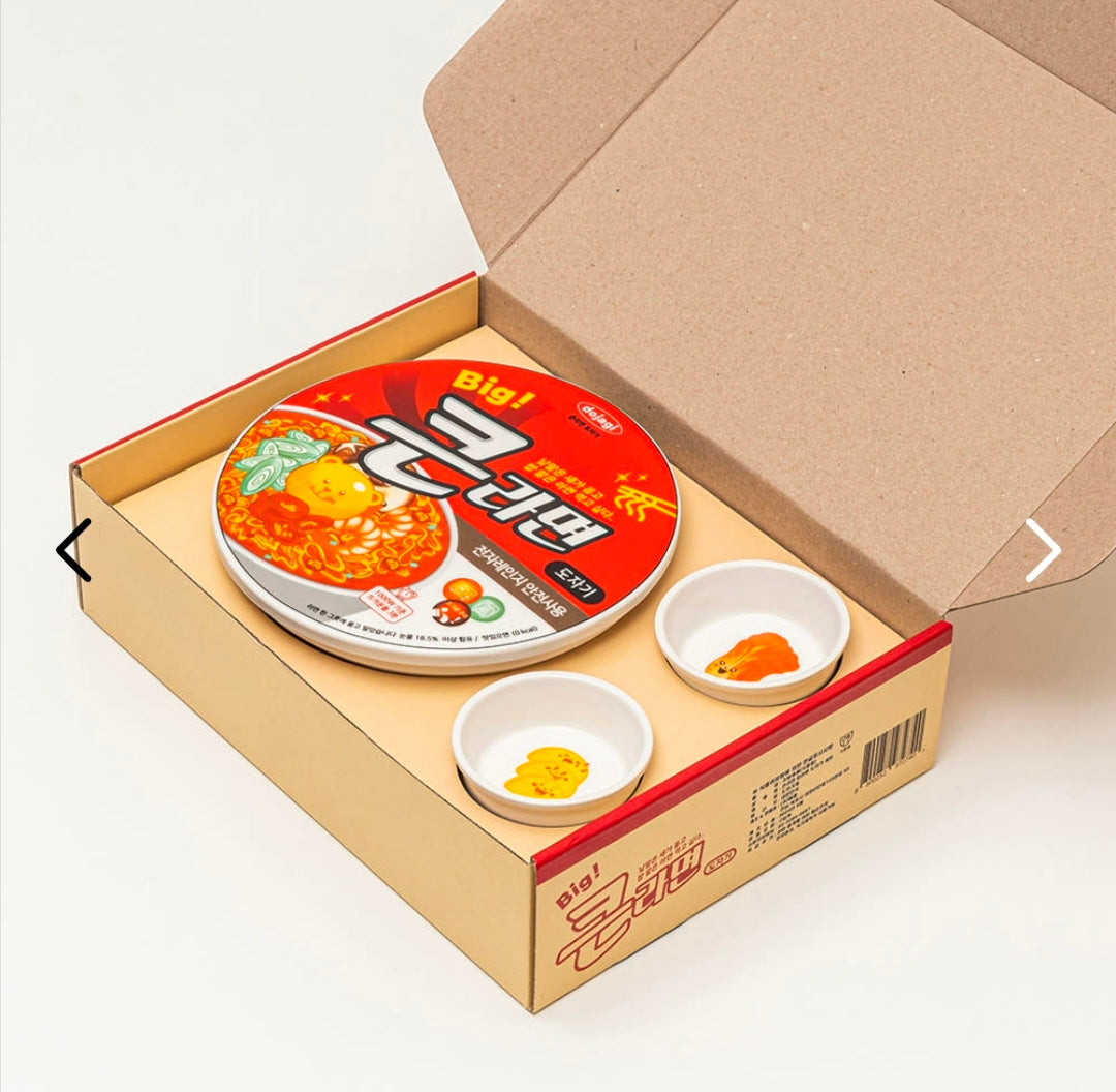 Large Ramyun, Korean Ceramic Cup Ramyun, 1-Serving Dinnerware Set (Noodle Bowl + 2 Side Dish Plates)