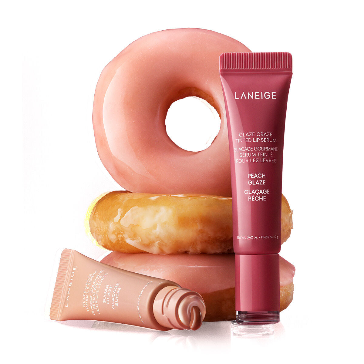 Laneige Glaze Craze Tinted Lip Serum 12g (1+1)+ Laneige Donut Lip Serum 12g*2+ Tint Holder Keyring