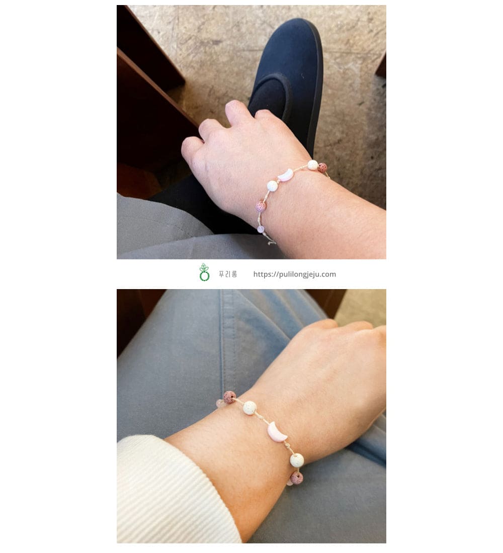 Moon Shape Mother of Pearl Morganite Raw Stone Basalt Knot Bracelet