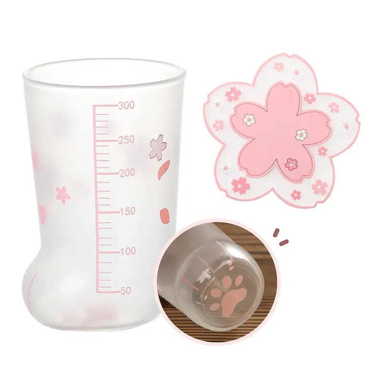 Cherry Blossom Cat Paw Glass Cup Set (2 Cups + 2 Coasters + Postcard)