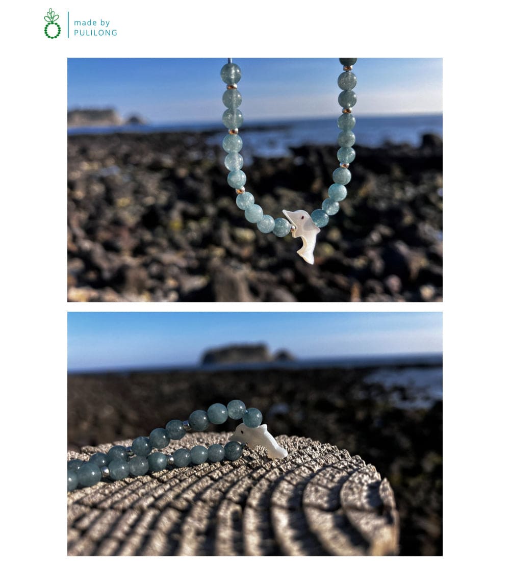 Aquamarine Raw Mother of Pearl Dolphin Lucky Sea Bracelet