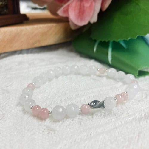 Natural White Pink Jade Fish Good Luck Fortune Gemstone Bracelet