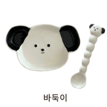 [+Keyring, mood light gift] Bow Wow Plate Set (plate + spoon) Cute Baduk White Tableware Brunch Bowl Birthday