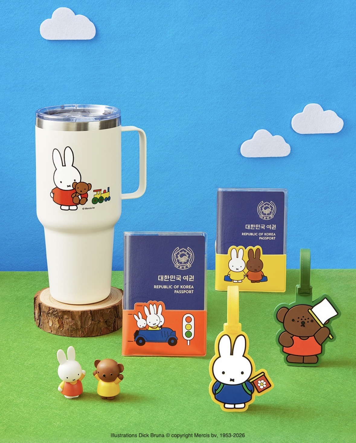 Miffy tumbler, two passport cover designs and two luggage tag designs