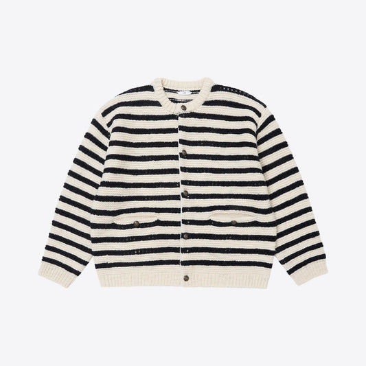 STU Round Neck Stripe Cardigan Iovry