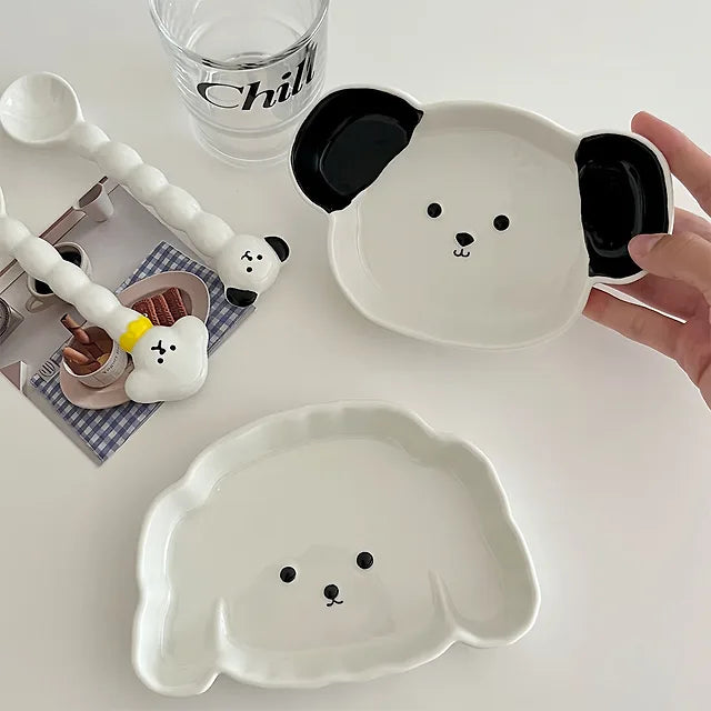 [+Keyring, mood light gift] Bow Wow Plate Set (plate + spoon) Cute Baduk White Tableware Brunch Bowl Birthday