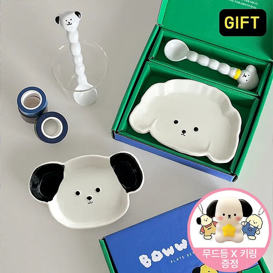 [+Keyring, mood light gift] Bow Wow Plate Set (plate + spoon) Cute Baduk White Tableware Brunch Bowl Birthday