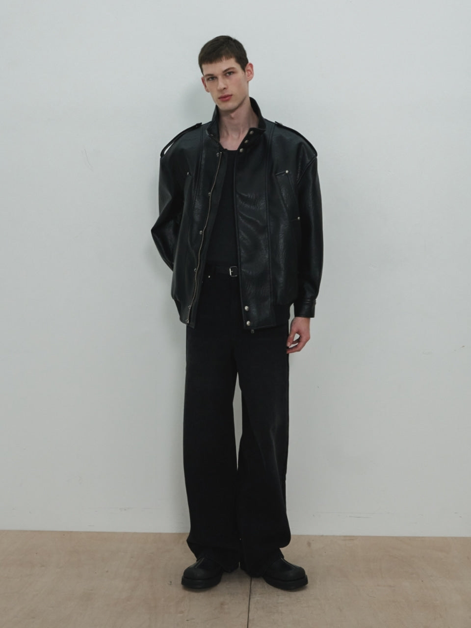 UNISEX, 4 Pocket Oversized Leather Blouson / Black