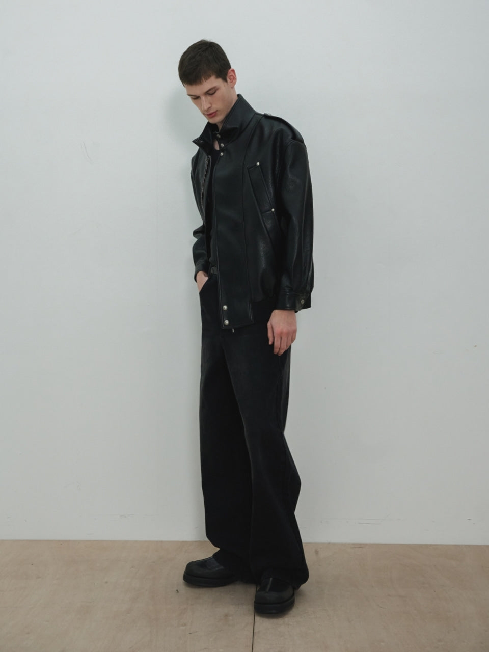 UNISEX, 4 Pocket Oversized Leather Blouson / Black