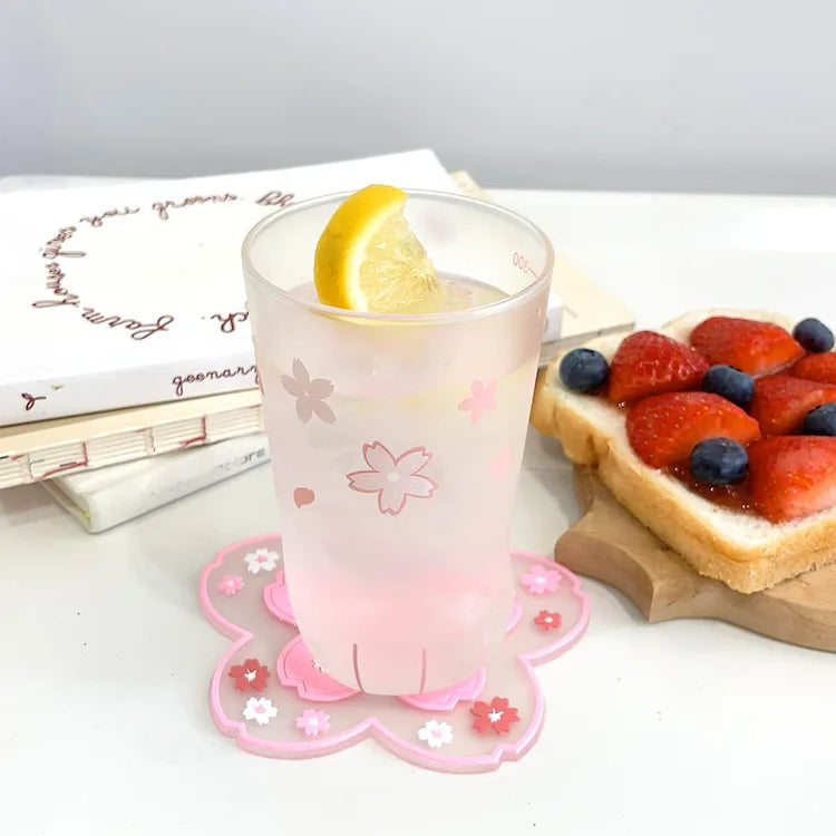 Cherry Blossom Cat Paw Glass Cup  Set (2 Cups + 2 Coasters + Postcard)