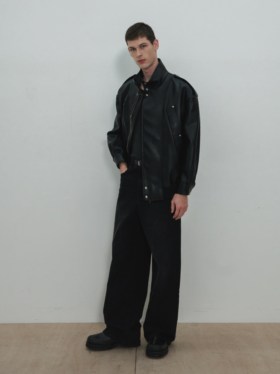 UNISEX, 4 Pocket Oversized Leather Blouson / Black
