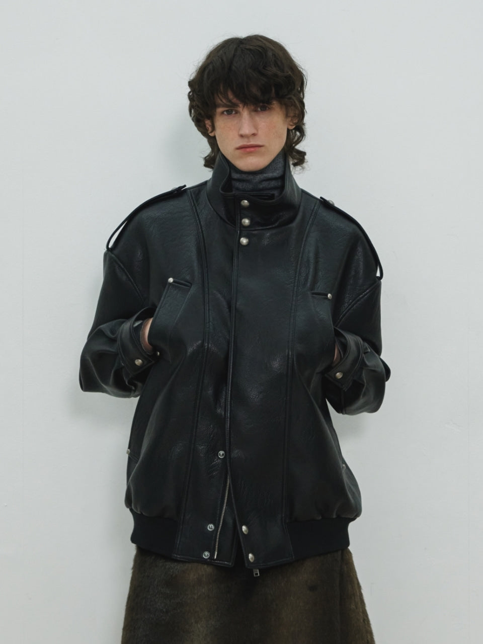 UNISEX, 4 Pocket Oversized Leather Blouson / Black