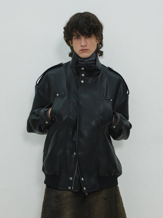 UNISEX, 4 Pocket Oversized Leather Blouson / Black