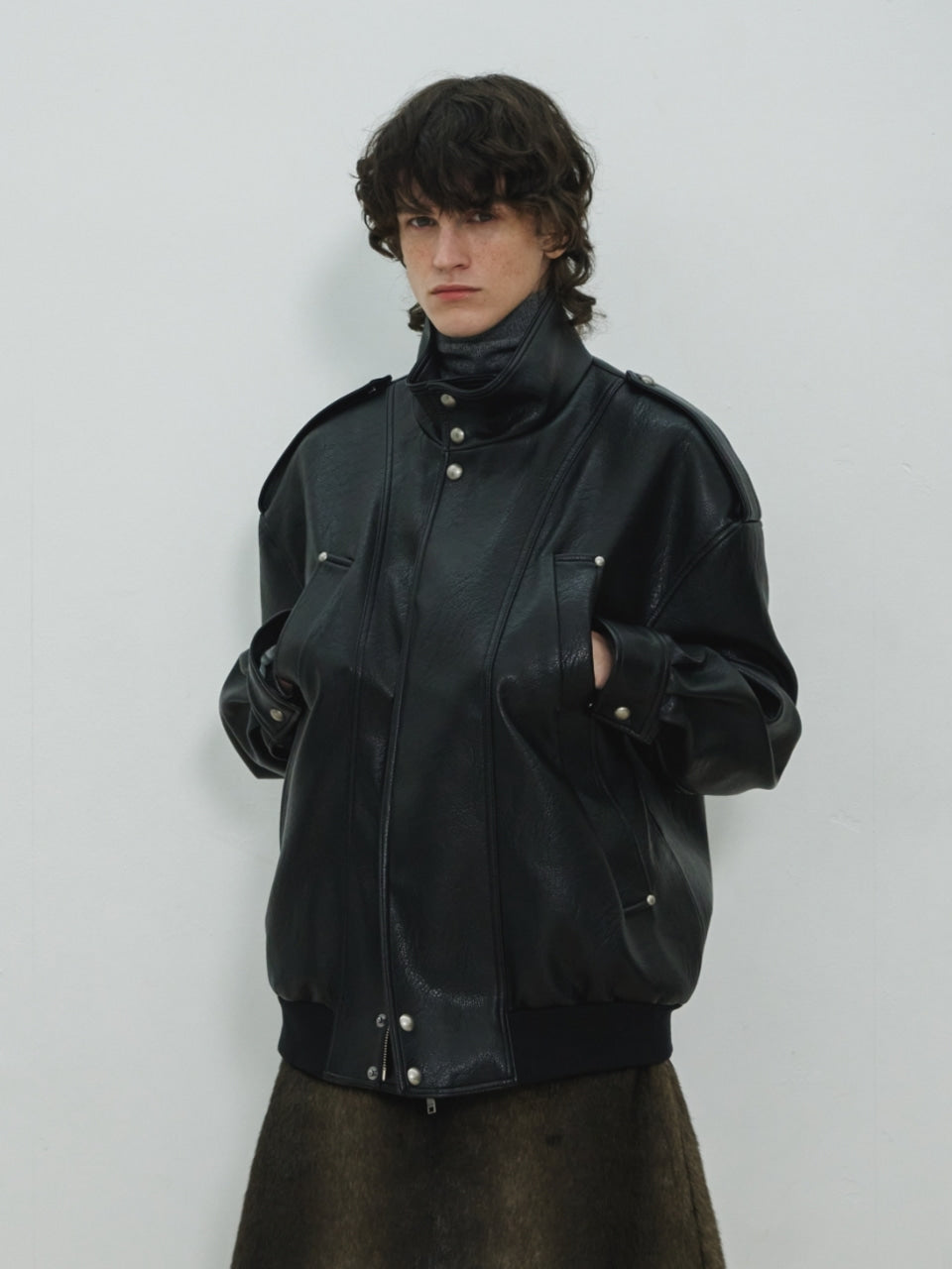 UNISEX, 4 Pocket Oversized Leather Blouson / Black