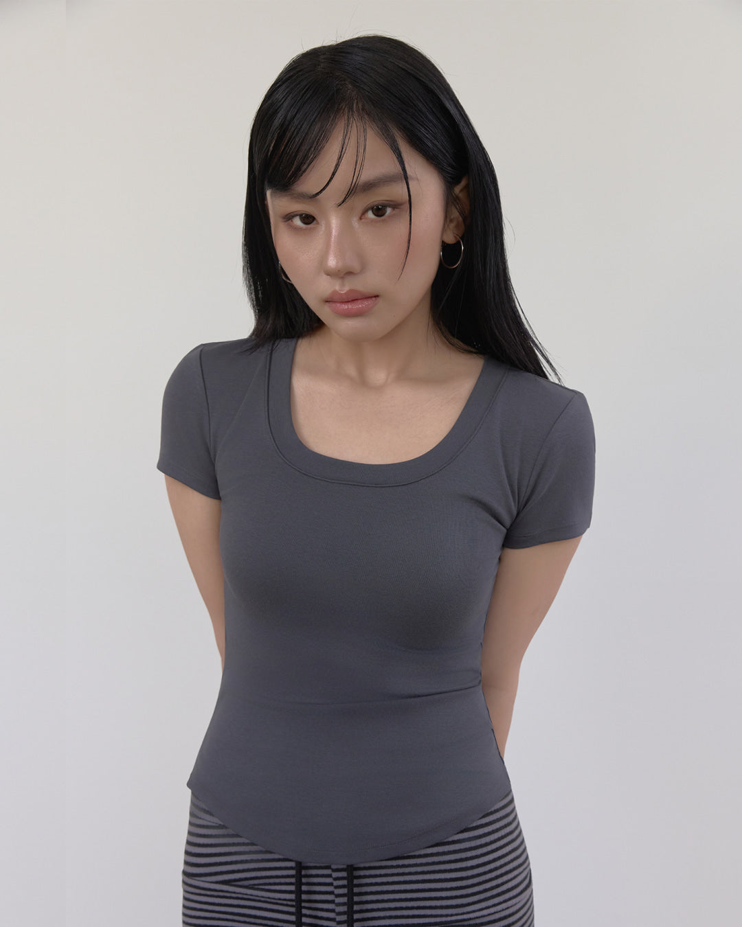 U-Neck Signature Line Short Sleeve T-Shirt with Built-in Cap
