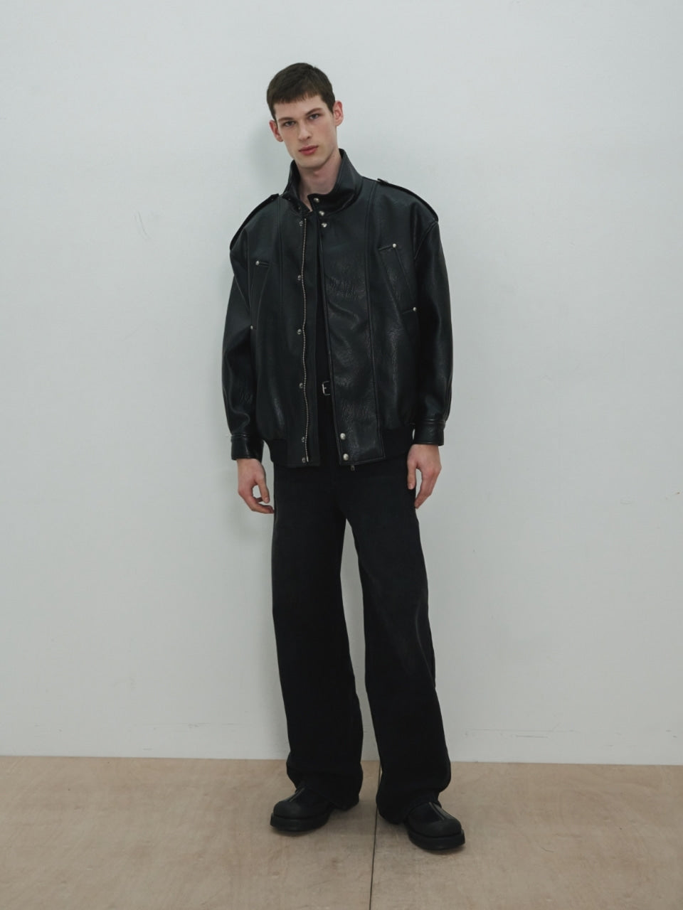 UNISEX, 4 Pocket Oversized Leather Blouson / Black