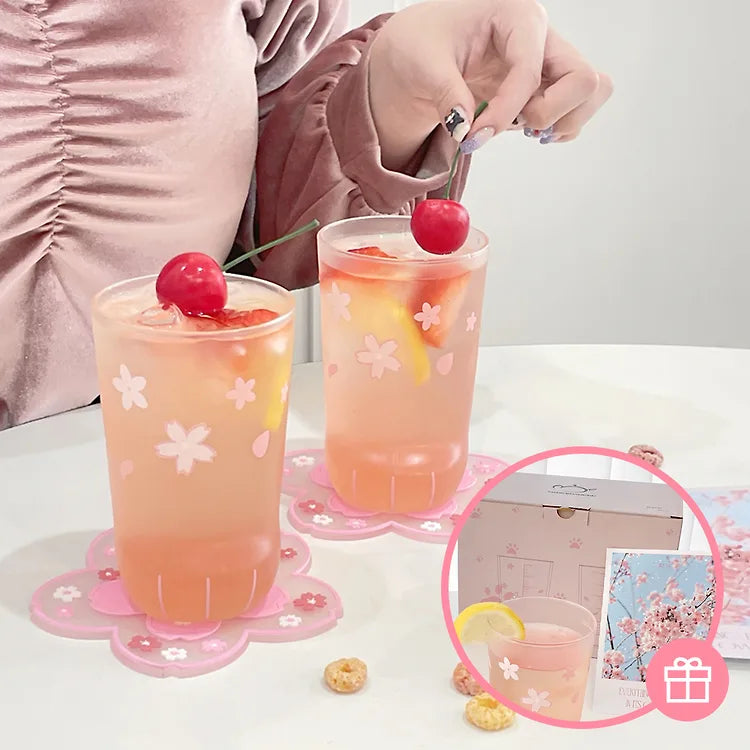 Cherry Blossom Cat Paw Glass Cup  Set (2 Cups + 2 Coasters + Postcard)