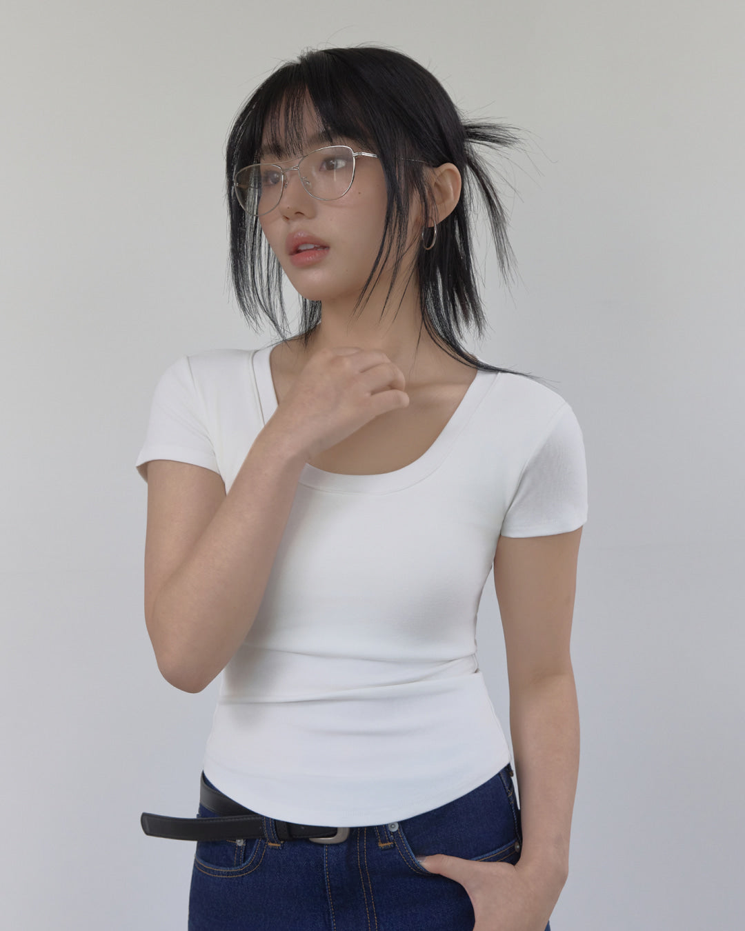 U-Neck Signature Line Short Sleeve T-Shirt with Built-in Cap