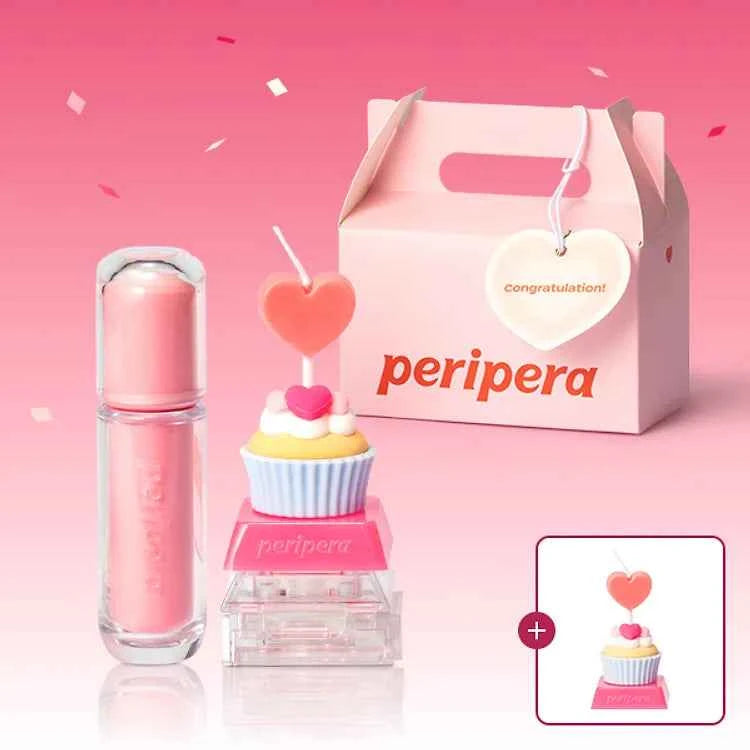 [Cake Gift Wrapping] Peripera Mood Gloy Tint 26 AD + Tok Blush Keycap + [Gift] Cake Keycap & Candle