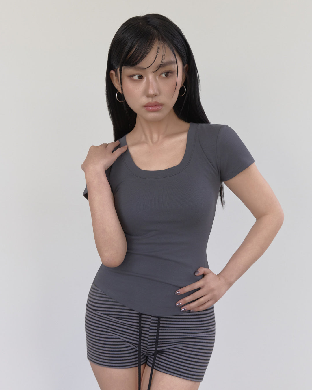 U-Neck Signature Line Short Sleeve T-Shirt with Built-in Cap