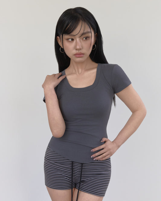 U-Neck Signature Line Short Sleeve T-Shirt with Built-in Cap