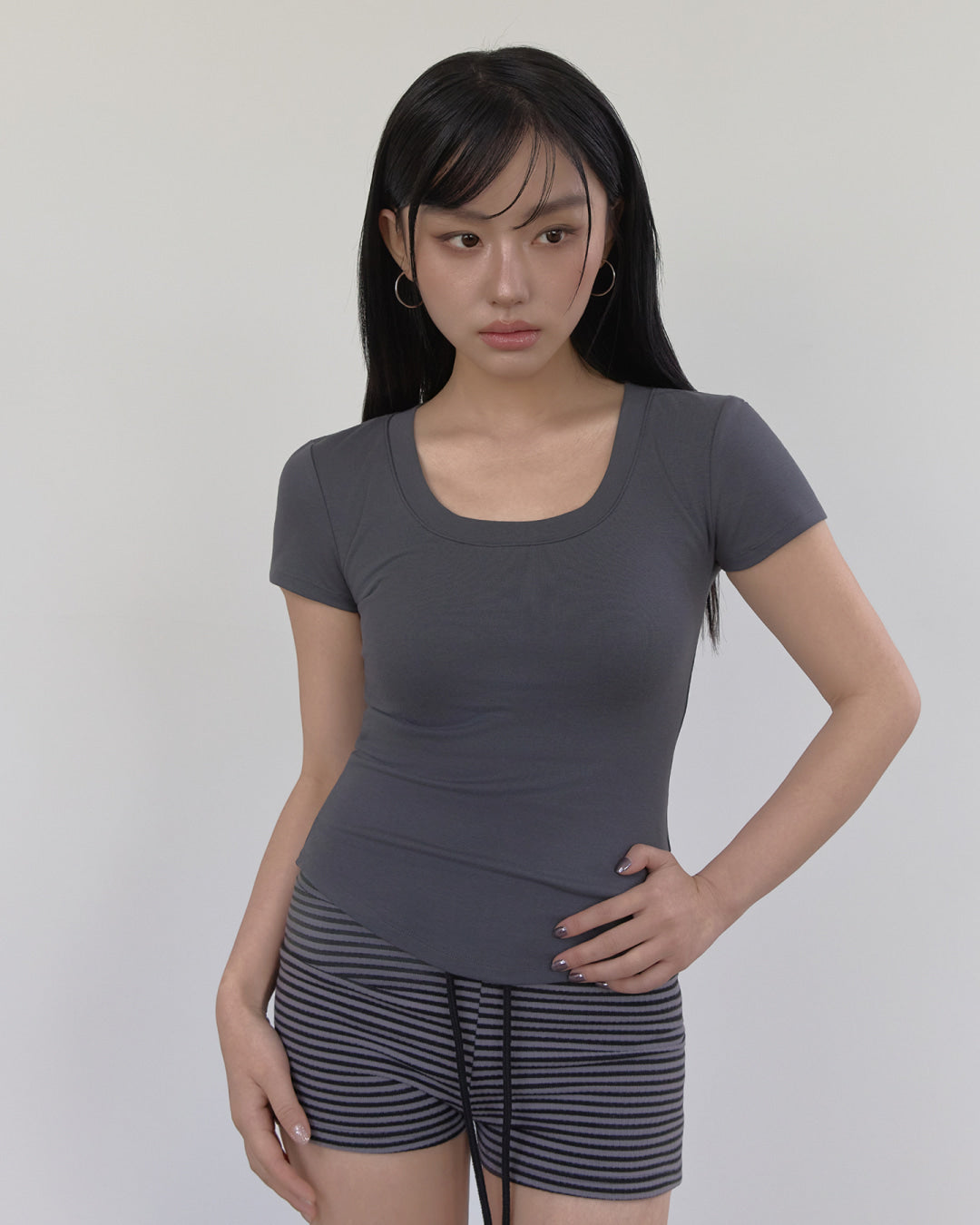 U-Neck Signature Line Short Sleeve T-Shirt with Built-in Cap