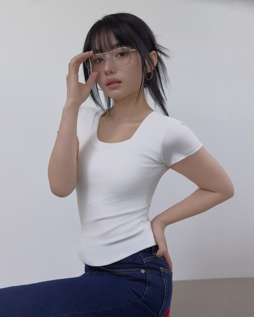 U-Neck Signature Line Short Sleeve T-Shirt with Built-in Cap