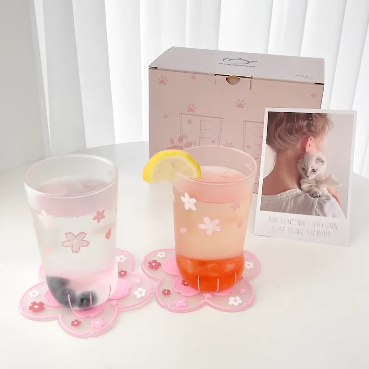 Cherry Blossom Cat Paw Glass Cup  Set (2 Cups + 2 Coasters + Postcard)